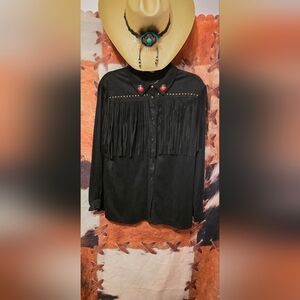 Elegant Black Fringe Button Down Shirt